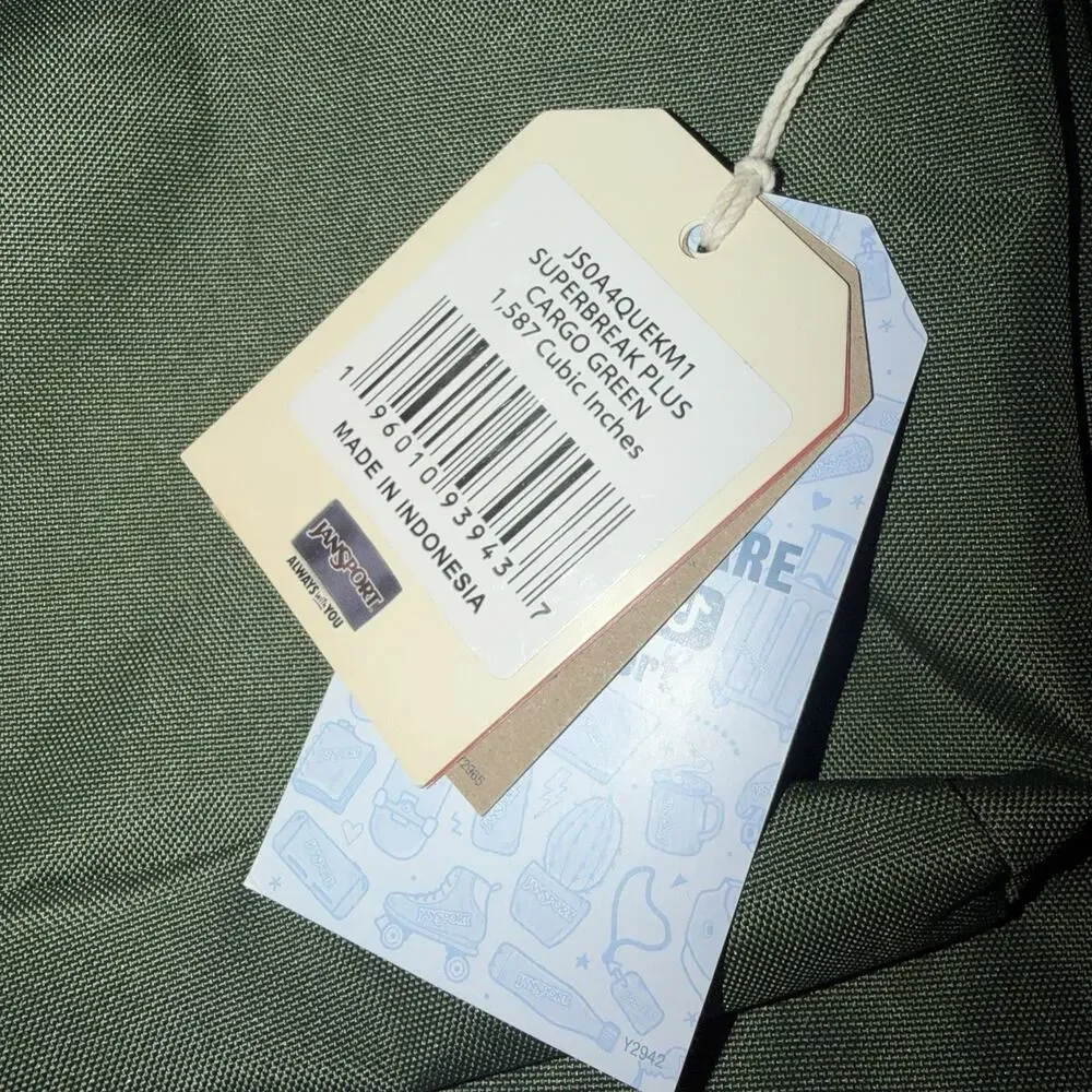 JanSport SuperBreak Plus Backpack Cargo Green Laptop Sleeve NWT